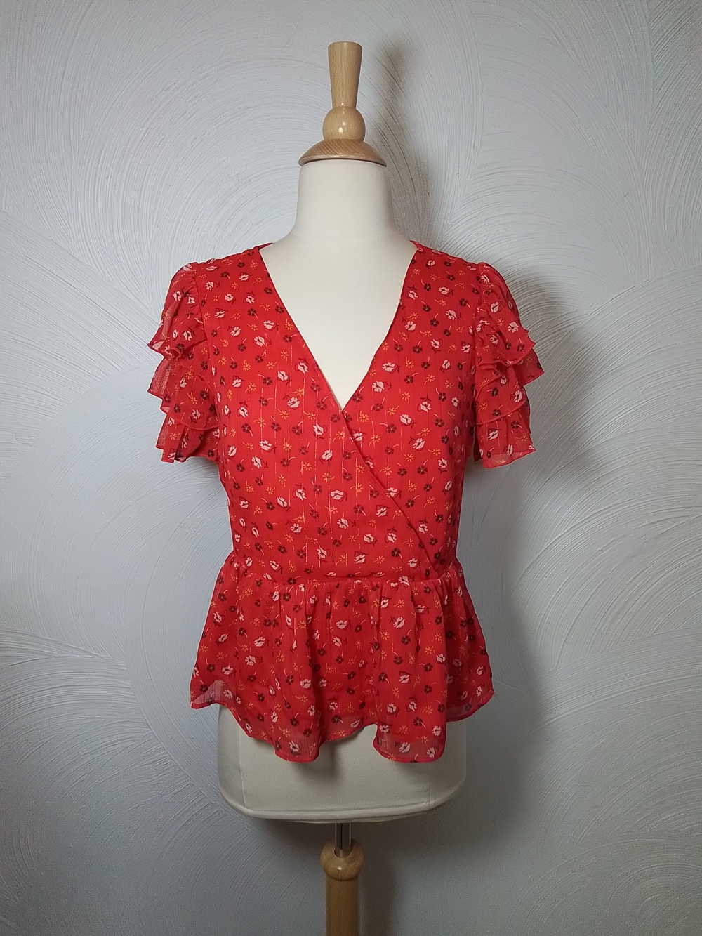 Madewell Red Floral Wrap Peplum Top XS